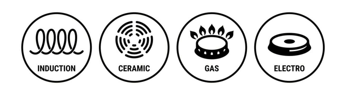Induction icon, ceramic, gas and electric cooking hob vector symbols. Coking stove or oven grate cooker and pans surface cookware icons of induction, electro, gas and ceramic logo signs