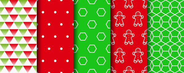 Festive seamless background with xmas, polka dot and geometric fabric ornament. Five Christmas seamless patterns set. Holiday wrapping paper. New year textures. Vector