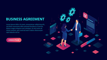 Vector of a business man and businesswoman shaking hands closing a deal