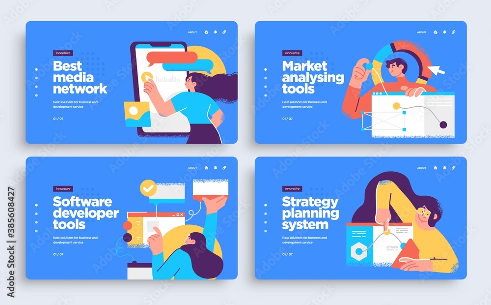 Poster set of presentation slide templates or landing page websites design. business concept illustrations.