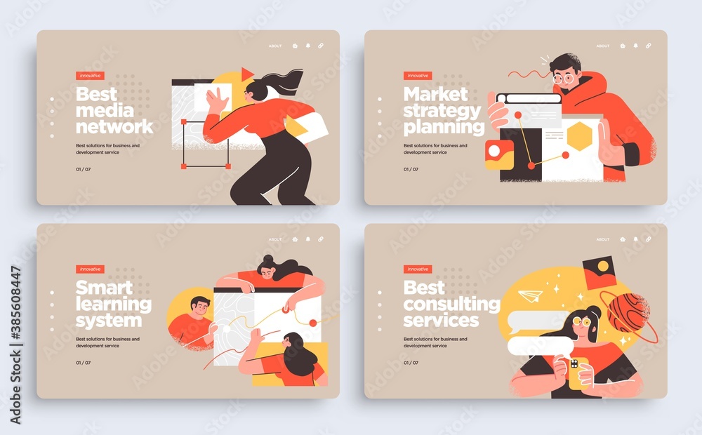Poster set of presentation slide templates or landing page websites design. business concept illustrations.