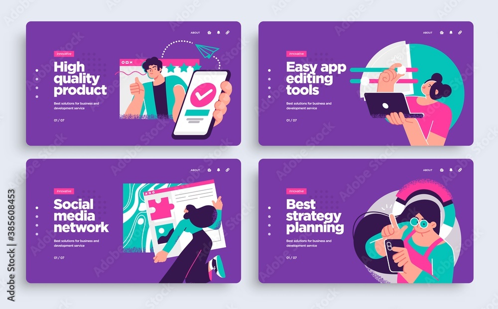 Poster set of presentation slide templates or landing page websites design. business concept illustrations.