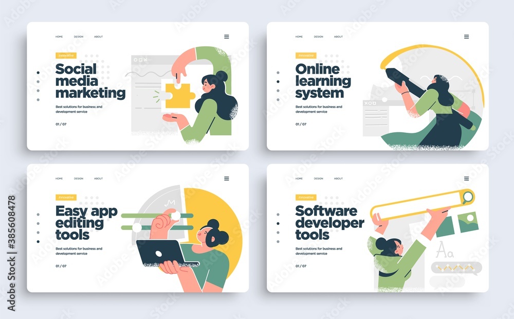 Poster set of presentation slide templates or landing page websites design. business concept illustrations.