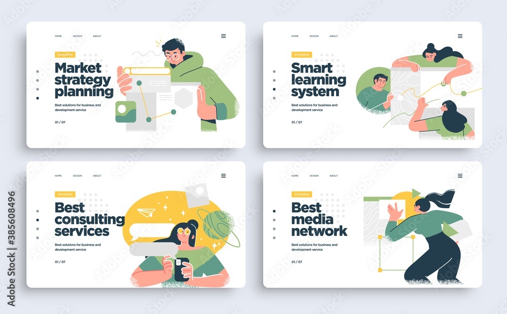Poster set of presentation slide templates or landing page websites design. business concept illustrations.