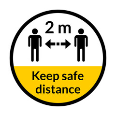 Keep Safe Distance 2 m or 2 Metres Round Social Distancing Floor Marking Adhesive Badge Icons. Vector Image.