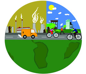 Ilustración vectorial para concienciar sobre el cuidado de nuestro planeta, tierra dividida en dos, donde un lado está sano y el otro dañado por la contaminación, la gente se cubre con tapabocas