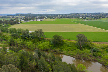 Fototapeta na wymiar Aerial view of green farmland in regional New South Wales in Australia