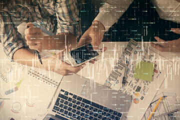 Double exposure of forex graph drawing and man and woman working together holding and using a mobile device. Trade concept.