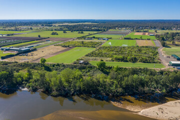 Aerial view of the Hawkesbury River and farmland in regional New South Wales in Australia