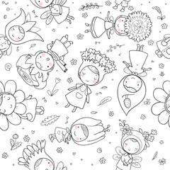 Pattern with Cute cartoon flower fairies. Forest gnomes. Fairytale creatures. Funny kids