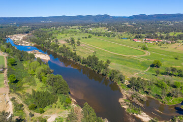 Aerial view of the Hawkesbury River and farmland in regional New South Wales in Australia