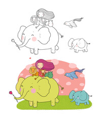 Cute cartoon girl, elephant, monkey and hippo. African animals.