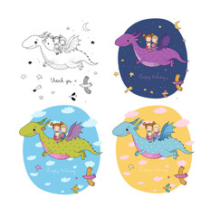 Naklejka premium cute little kids are flying a dragon. Cartoon brother, sister and dinosaur.