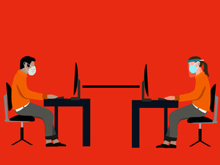 People working in an office with the new normal and social distancing, wearing face masks