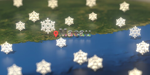 Macau city and snowy weather icon on the map, weather forecast related 3D rendering