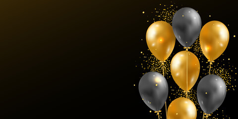 Vector background with 3D realistic glossy helium balloons and golden shiny confetti. Festive template for print, poster, new year, valentine, birthday, anniversary, celebration, wedding, event