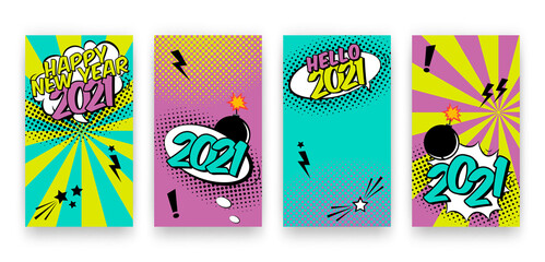 Vector trendy editable winter Happy 2021 New Year and Christmas set of templates for social media network stories in pop art comics style. Modern backgrounds with speech bubbles and halftone dots