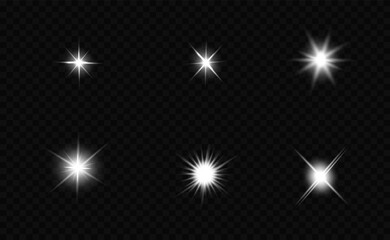 Glow isolated white transparent light effect set, lens flare, explosion, glitter, line, sun flash, spark and stars. Abstract special effect element design.