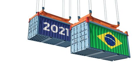 Trading 2021. Freight container with Brazil flag. 3D Rendering 