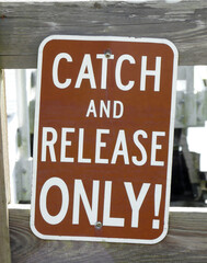 Catch and Release Only Fishing Sign. A sign posted at a nature preserve in Florida represents efforts to prevent overharvesting of fish species caught in the park's river.