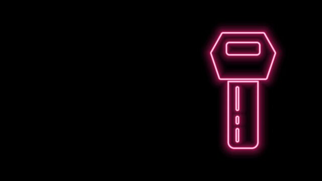 Glowing neon line Car key with remote icon isolated on black background. Car key and alarm system. 4K Video motion graphic animation