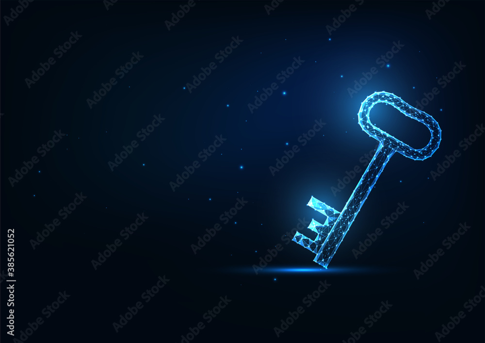 Sticker futuristic glowing low polygonal door key isolated on dark blue background.