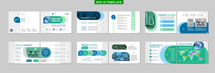 Brochure creative design. Multipurpose template with cover, back and inside pages. Trendy minimalist flat geometric design. Horizontal landscape a4 format.