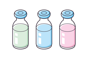 Three medical vaccine vial bottles isolated vector set, different colors testing, COVID-19 coronavirus or flu virus infection epidemic vaccination.