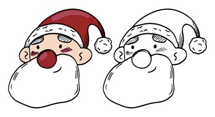 Doodles of cute Santa Claus head. Hand drawn vector illustration. Realistic vintage sketch. Set of black contour and color elements isolated on white. For design, decor, prints, card, sticker, poster.