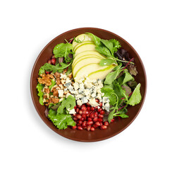 Tasty salad with pear slices, cheese, pomegranate seeds and walnuts isolated on white, top view