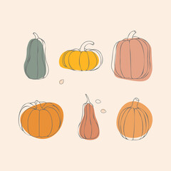 Pumpkin set. Vector illustration concept for Thanksgiving or Halloween day. Stylized pumpkins in various sizes and colors. For postcards, paper, textiles. Autumn concept and vegetable compositions