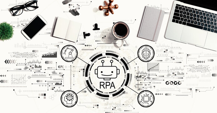 Robotic Process Automation RPA theme with a laptop computer on a desk