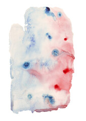 Watercolor stains, blots and drips on white paper. Various shades of gray, blue, pink.