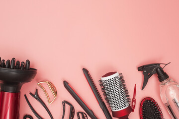 professional items for hairdressing, haircuts on a pink background, layout