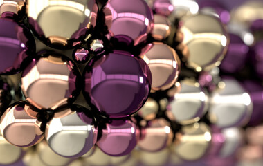 Abstract geometric background with metallic balls, primitive shapes. Party decoration 3d render