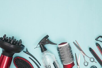 professional items for hairdressing, haircuts on a blue background, layout