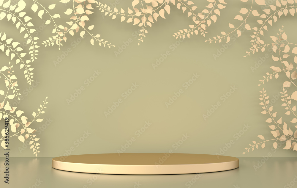 Aufkleber 3d rendered studio with spring branches and leaves and podium. platforms for product presentation, m