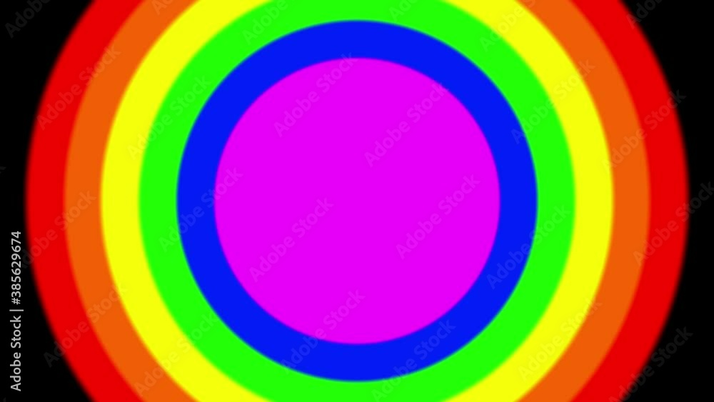 Poster multicolored rainbow circles increase and decrease against a black background. looped animation. 3d 