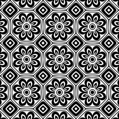 Black white abstract stylish geometric background template with flowers, rectangles, circles and contours. Vector graphic.