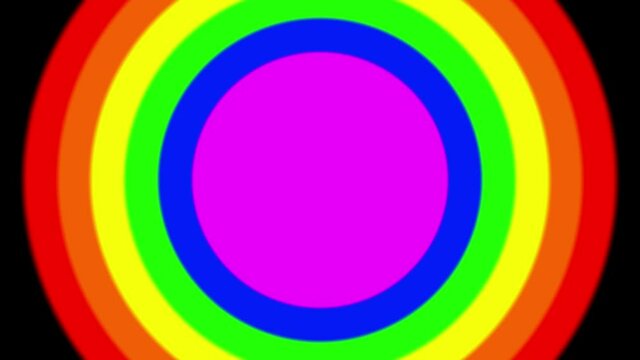 multicolored rainbow circles increase and decrease against a black background. looped animation. 3d render