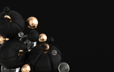 3d render floating pumpkin on black background space. Minimal concept. Holiday decoration, black and golden pumpkin for celebration halloween event template