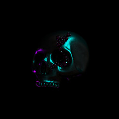 Human scull 3d rendering. Black death's-head in neon lights on black background.  Scary halloween dead skeleton head symbol