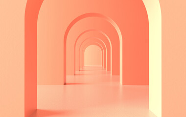Fototapeta premium 3d rendering. Arch hallway simple geometric background, architectural corridor, portal, arch columns inside empty wall. Modern minimal concept