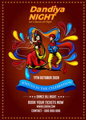 Illustration of couple playing Garba and Dandiya in Navratri Celebration and disco,  Gujarati Garba Night poster for Navratri Dussehra festival of India 