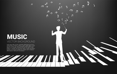 Vector silhouette of conductor standing with piano key with flying music note . Concept background for piano concert and recreation. © Panithan
