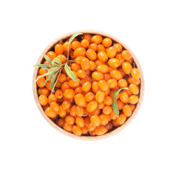 Fresh ripe sea buckthorn berries in bowl isolated on white, top view