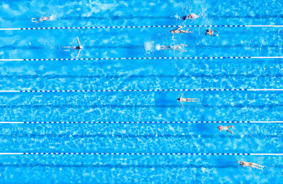 People training in swimming pool, top view