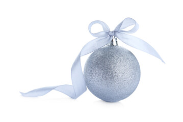 Beautiful silver Christmas ball with ribbon isolated on white