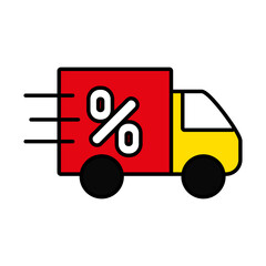 black friday concept, cargo truck with percentage symbol icon, line and fill style