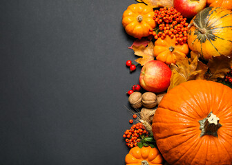 Flat lay composition with ripe pumpkins and autumn leaves on black background, space for text....